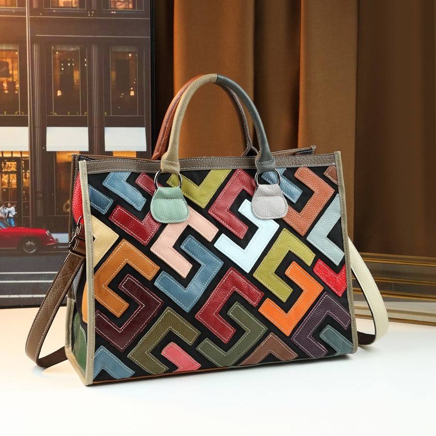 Genuine Leather Letter Print Bucket Bag for Women Vintage Large Capacity Shoulder Handbag, High-Quality Purse with Stylish Monogram Design
