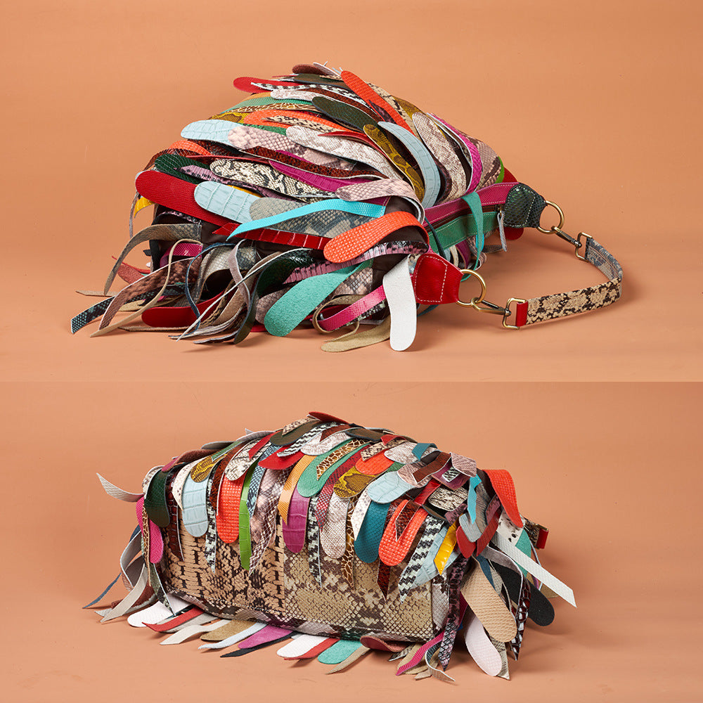 Genuine Leather Colorful Tassel Handbag for Women, Trendy Street Style Crossbody Shoulder Bag, New Patchwork Design Underarm Purse for Ladies