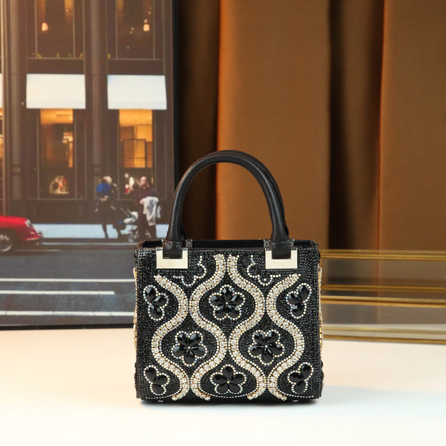 Rhinestone Floral Mini Square Bag for Women Black-Gold Evening Shoulder Crossbody Handbag, Heavy Crystal Embellished Purse with Glamorous Light Luxury Design