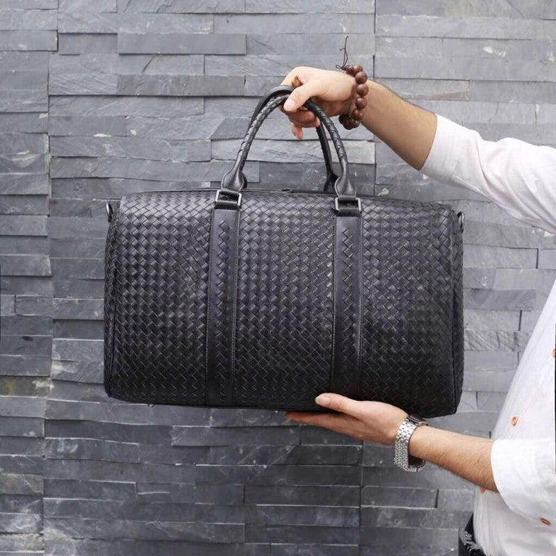 Genuine Leather Woven Travel Tote Bag for Men and Women Large Capacity Shoulder Crossbody Handbag, Versatile Shopping Purse with Artisan Texture