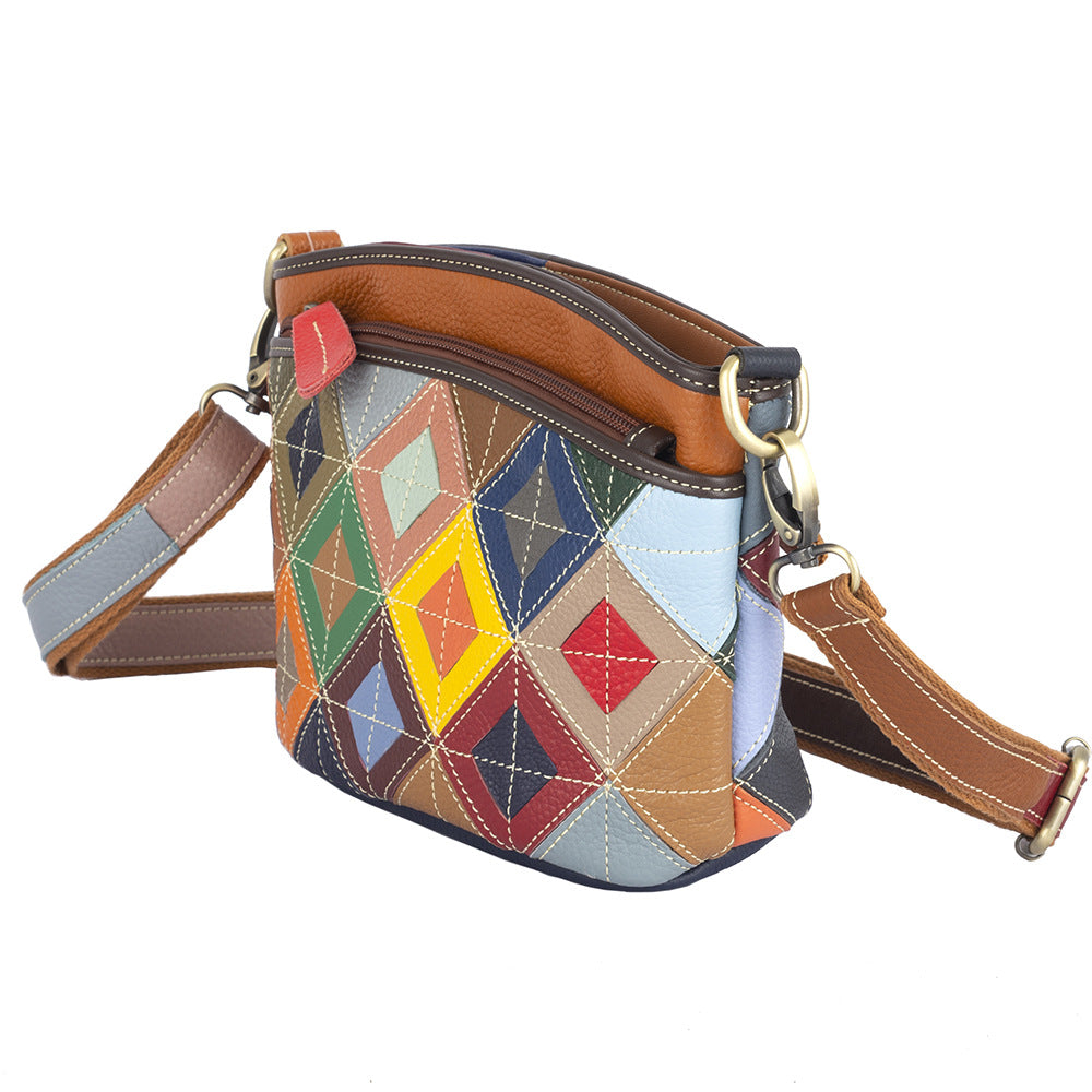 Premium Top-Layer Cowhide Leather Bag for Women | Handcrafted Ethnic Style Plaid Cross-Body Shoulder Handbag | Vibrant Color-Block Design with Bohemian Flair | Unique Artisan Purse with Timeless Craftsmanship & Trendy Appeal