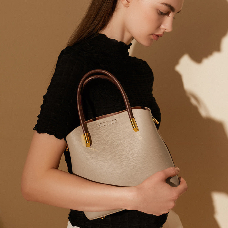 Genuine Leather Bucket Bag for Women Versatile Casual Shoulder Crossbody Handbag, Premium Niche Purse with Stylish Design