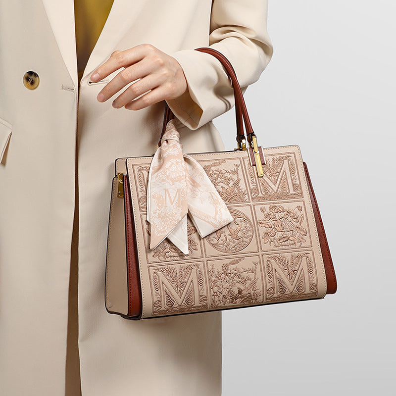 Genuine Leather Embroidered Mom Bag for Women, New Elegant Wedding Top Handle Purse, Perfect Gift for Middle-Aged Ladies