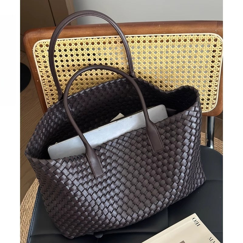 Premium Genuine Leather Woven Basket Tote Bag for Women | New Large-Capacity 2-in-1 Tote with Detachable Matching Pouch | Niche Designer Shoulder Handbag with Unique Artisan Woven Detail | Trendy Spacious Carryall for Work, Errands, Travel & Everyday