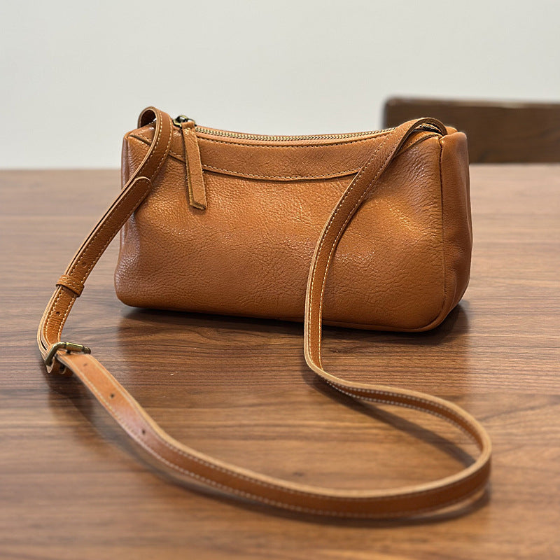 Genuine Top Layer Vegetable-Tanned Cowhide Bag for Women, New Spring Minimalist Brown Yellow Shoulder Crossbody Purse, Small Leather Handbag for Ladies