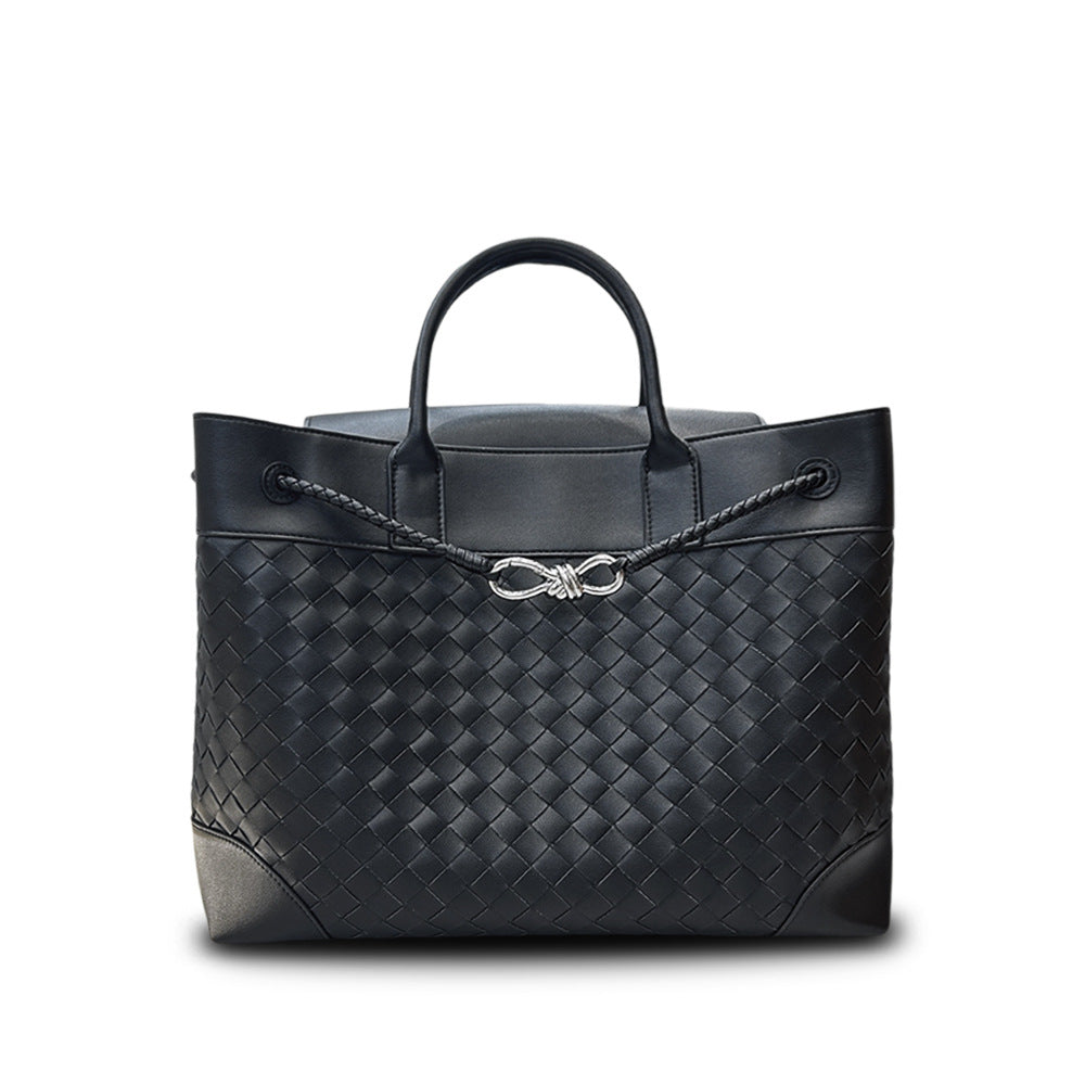 Cowhide Woven Large Tote with Silver Butterfly Buckle, Unisex Shoulder & Crossbody Bag