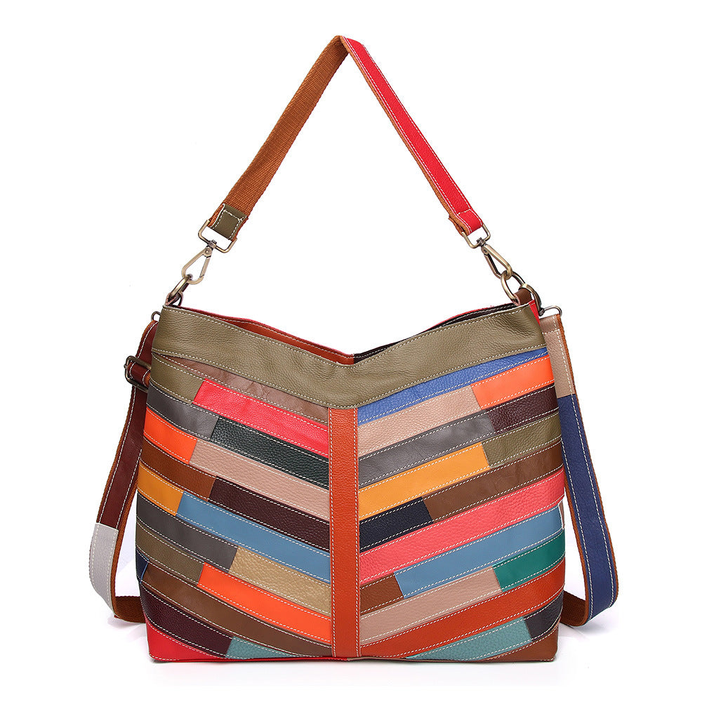 Genuine Cowhide Colorful Plaid Color Block Handbag for Women, New Top Handle Shoulder Purse, Trendy Everyday Bag for Ladies
