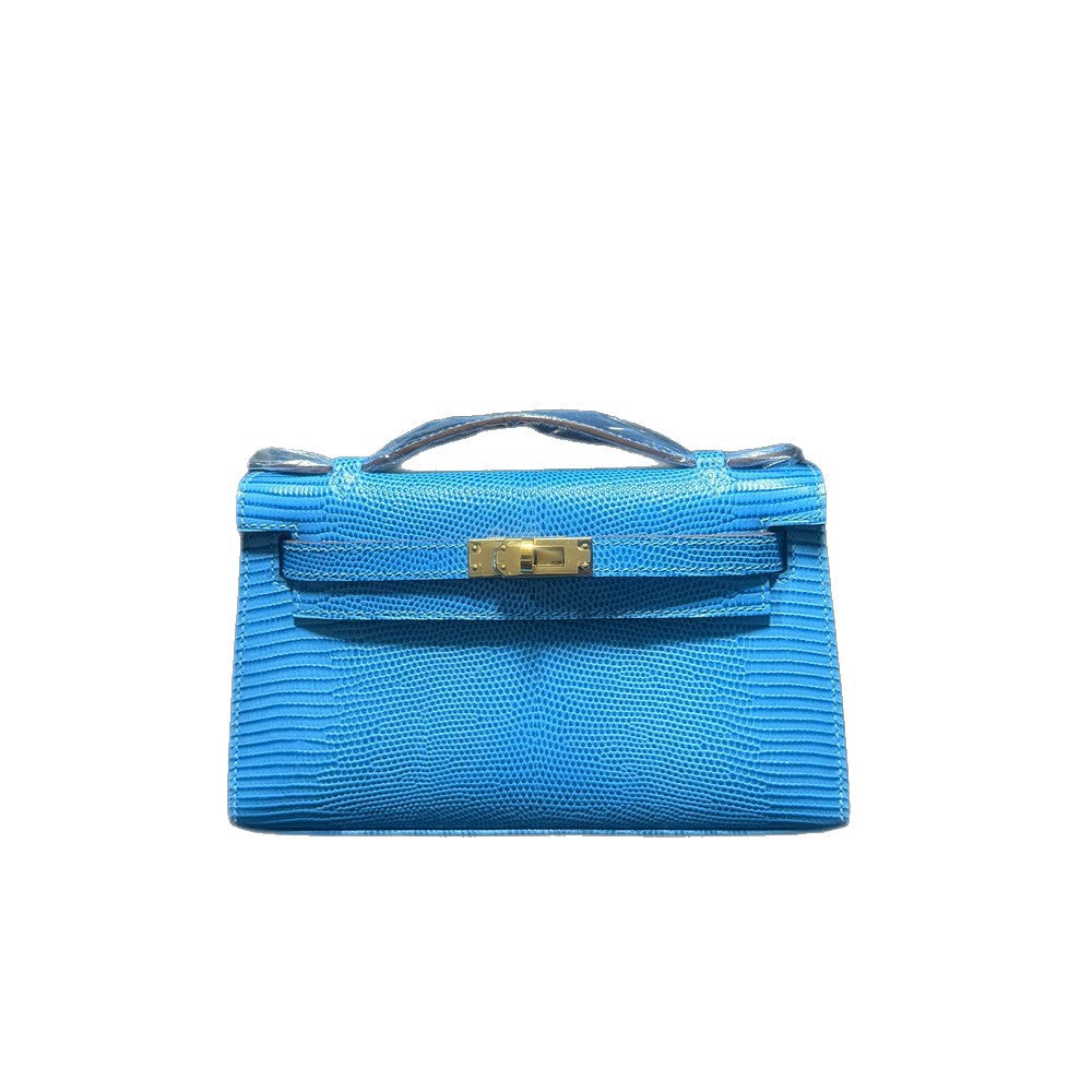 Genuine Top Layer Cowhide Lizard-Embossed Kelly-Style 22cm Bag for Women, Hand-Stitched Waxed Thread with Hand-Hammered Hardware, Lambskin Lining Square Purse with Full Steel Hardware for Ladies