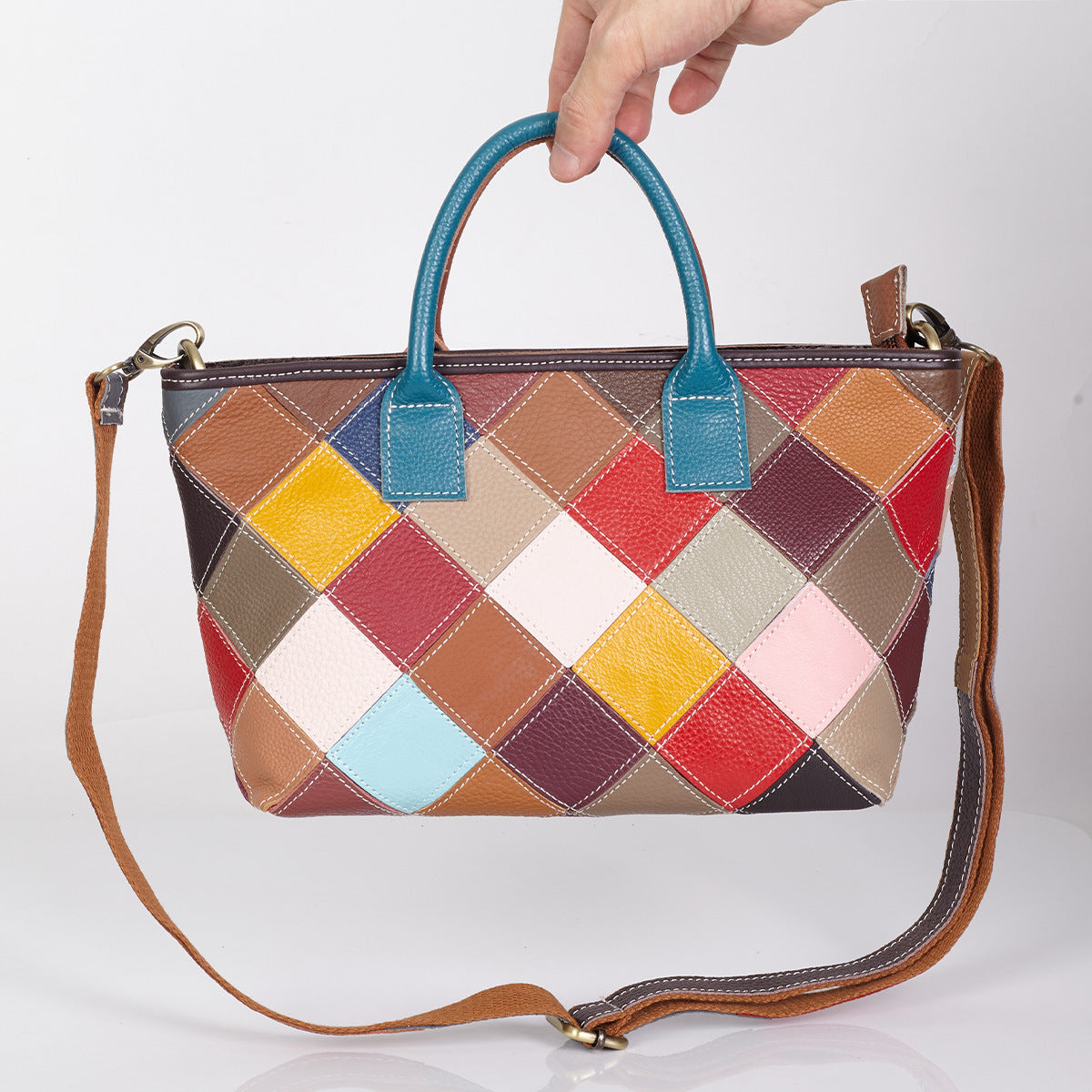 Premium Genuine Leather Colorful Plaid Patchwork Bag for Women | New Quilted Color-Block Top-Handle Shoulder Cross-Body Handbag with Unique Artistic Design | Versatile 3-in-1 Carry Purse for Work, Errands, Travel & Everyday Chic | Trendy Statement Ac