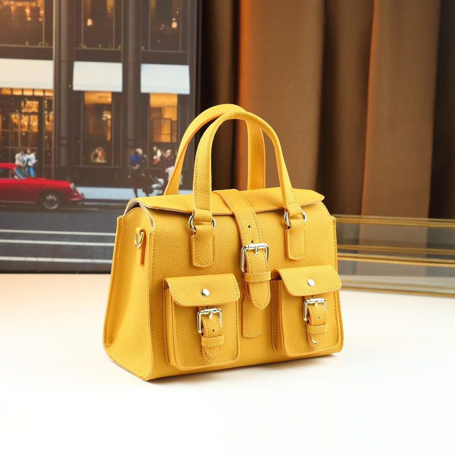 Soft Leather Multi-Pocket Tote Bag for Women Yellow Shoulder Crossbody Handbag, Versatile Commuter Purse with Stylish Design