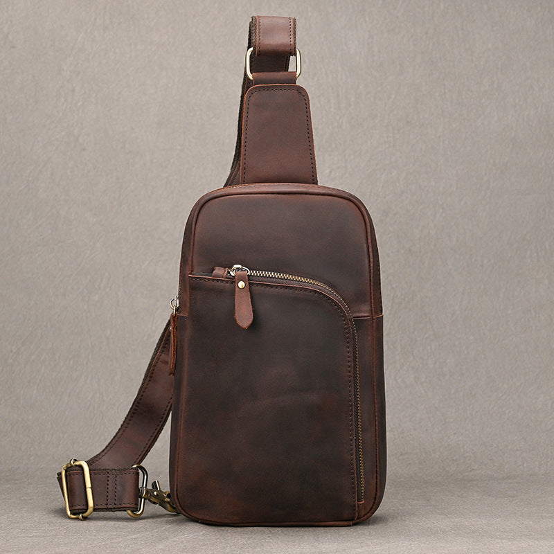 Crazy Horse Leather Minimalist Chest Bag, Casual Crossbody Shoulder Pouch, Outdoor Commute Bag for Men