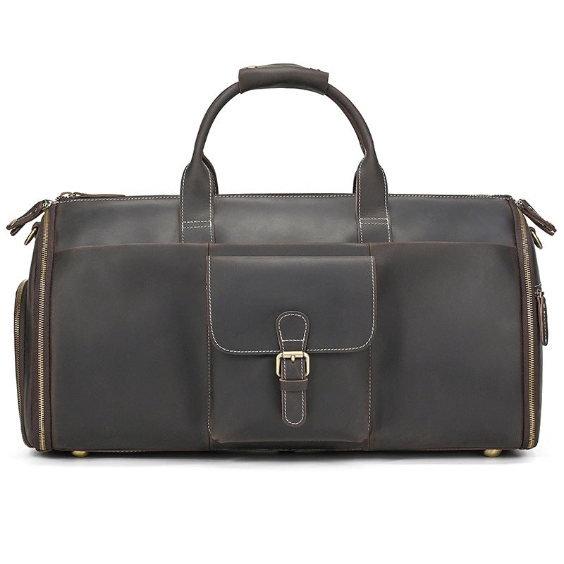 New Crazy Horse Leather Foldable Suit Travel Duffle, Wet-Dry Separated Garment Bag, Versatile Gym Weekender for Men