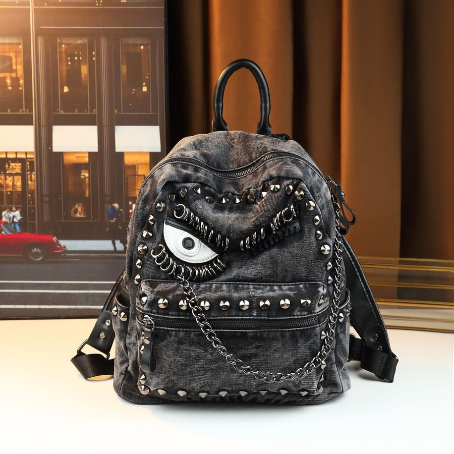 Denim Eye Rivet Backpack for Women Large Capacity Casual Shoulder Handbag, Trendy Chain Accent Purse with Edgy Personality Style