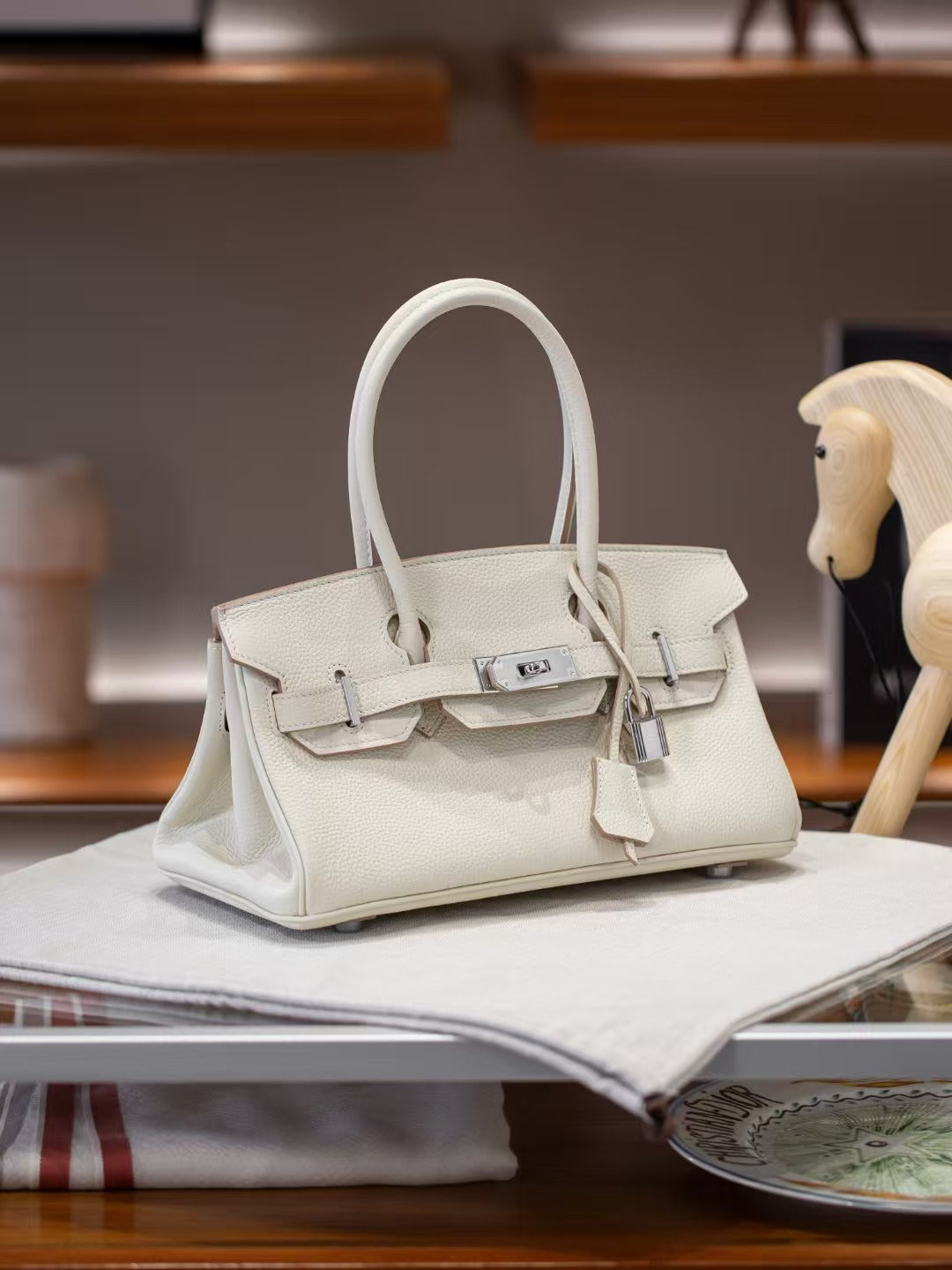 Genuine Togo Leather Birkin-Style Bag for Women, New Vintage Horizontal Top Handle Handbag, Premium Retro Purse for Ladies