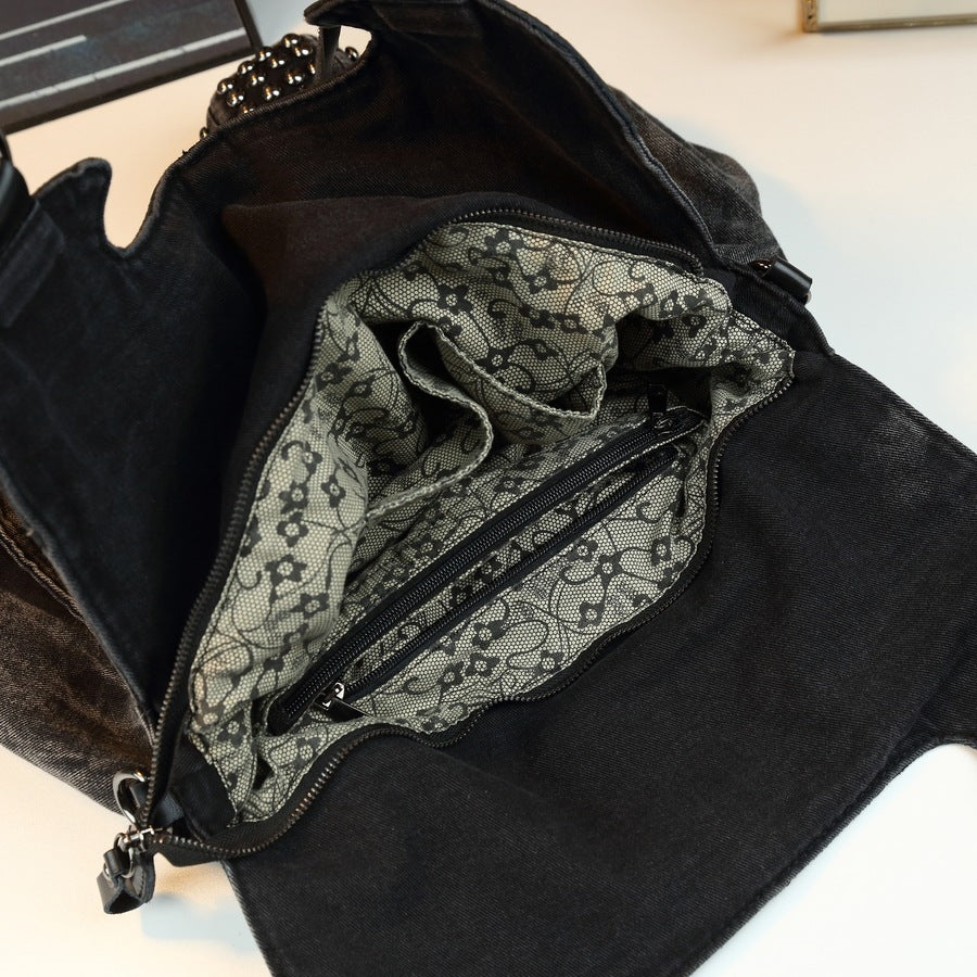 Handmade Beaded Denim Bucket Tote for Women Large Capacity Shoulder Crossbody Purse, Punk Style Handbag with Trendy Hardware Embellishments