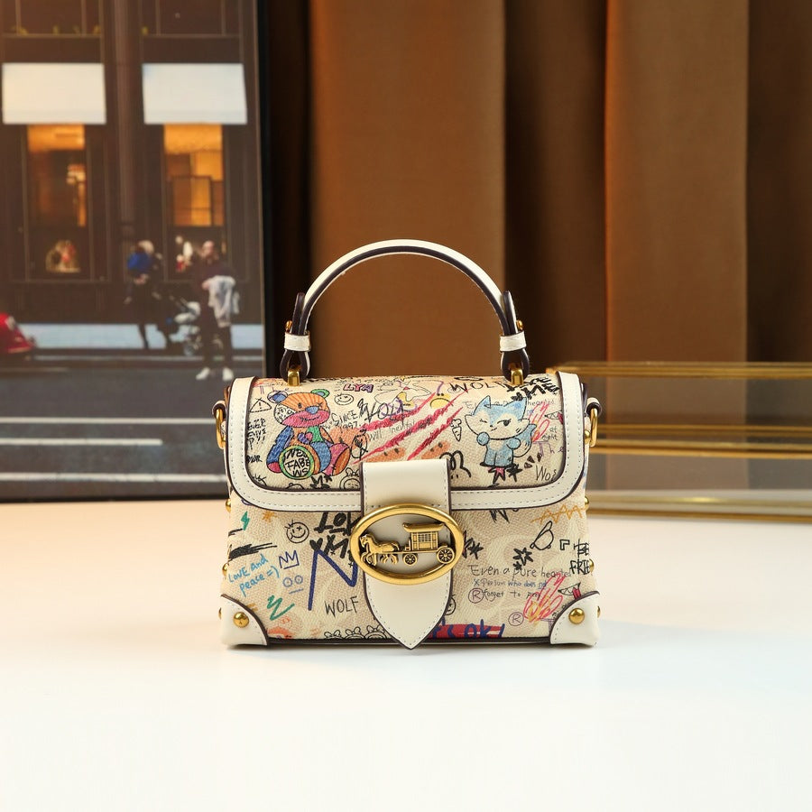 Color-Block Graffiti Bear Tote Bag for Women Light Luxury Shoulder Crossbody Handbag, Playful Art Purse with Versatile Spring Summer Style