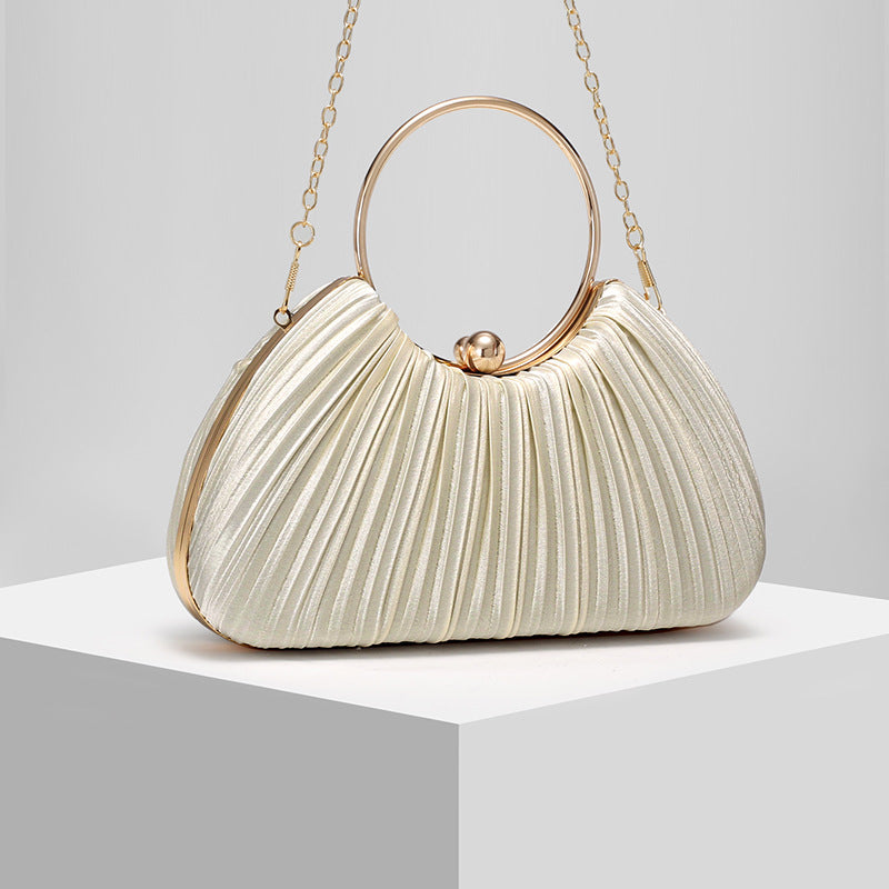 Satin Pleated Evening Clutch for Women, New Ring Top Handle Formal Gown Bag, Elegant Prom Party Handbag for Ladies