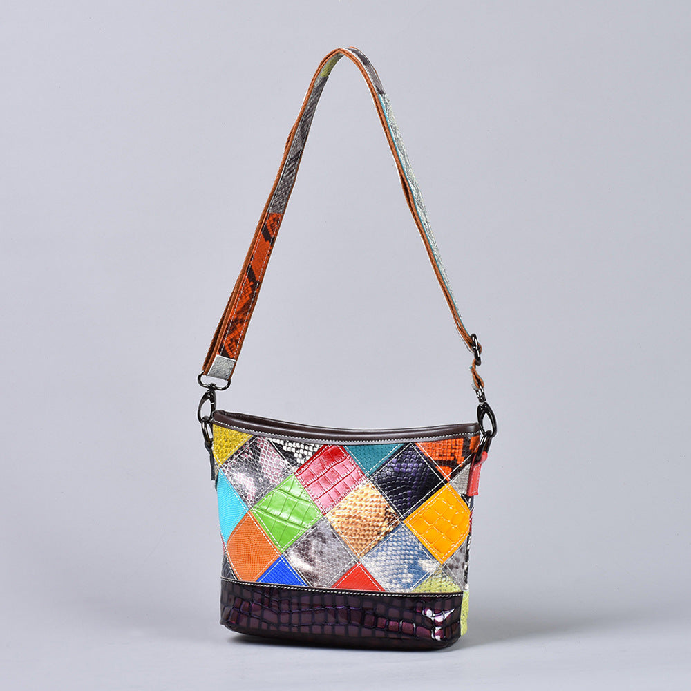 Snakeskin Colorful Patchwork Bag in Genuine Leather, Plaid Crossbody Shoulder Small Purse, Stylish Handbag for Women