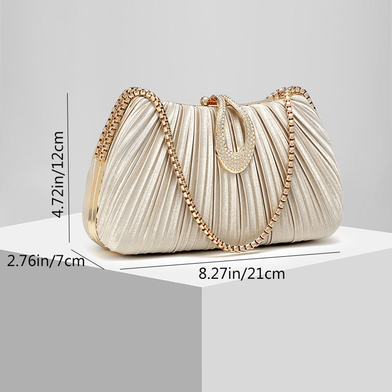 Rhinestone Embellished Pleated Evening Clutch for Women, Sparkly Party Shoulder Chain Purse, Light Luxury Wedding Gown Handbag for Ladies