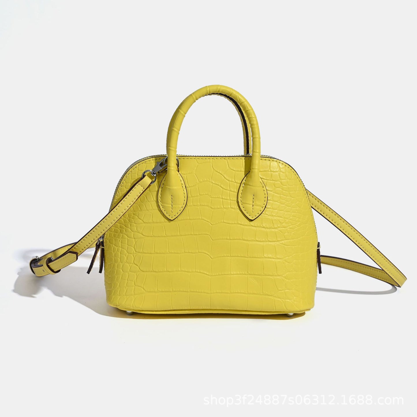 New Arrival Croc-Effect Genuine Leather Bowling Shell Bag for Women, A Mini Top-Handle Crossbody Commuter Handbag with Trendy Versatile Design