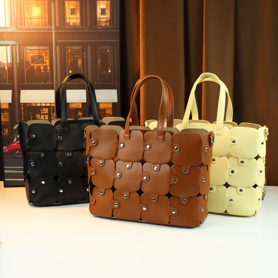 Geometric Patchwork Bucket Bag Set for Women Large Capacity Shoulder Crossbody Handbag, Creative Versatile Purse with Detachable Sub-Bag