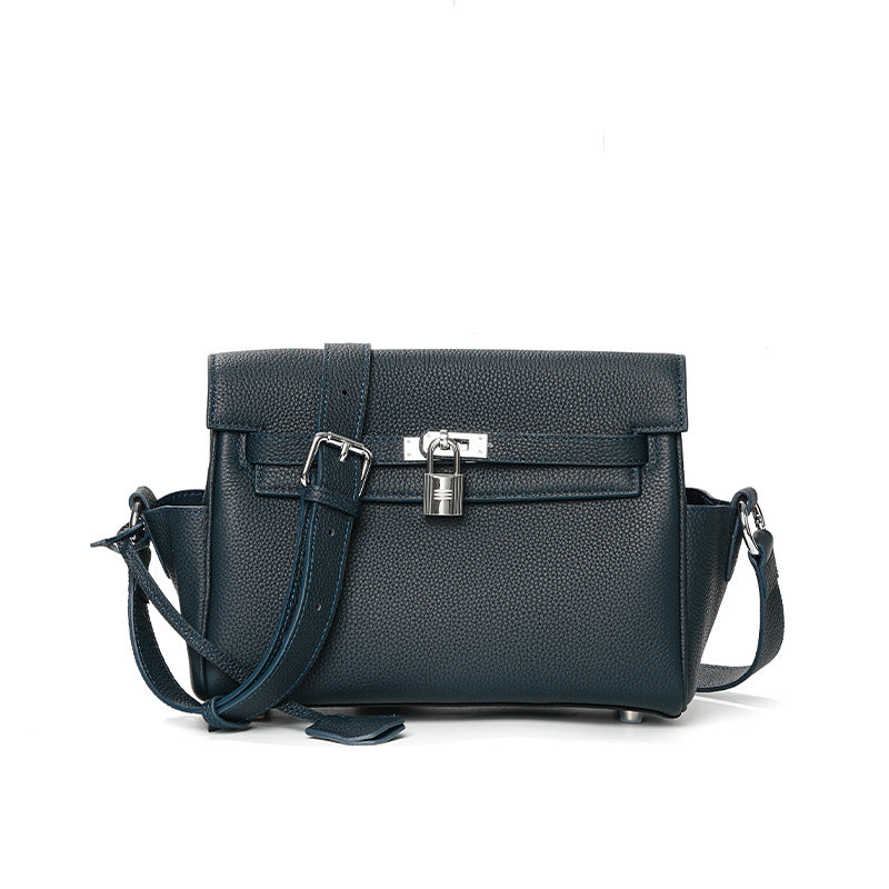 Genuine Togo Top Layer Cowhide Kelly-Style Messenger Bag for Women, Black New Crossbody Top Handle Commute Purse, Premium Shoulder Handbag for Ladies