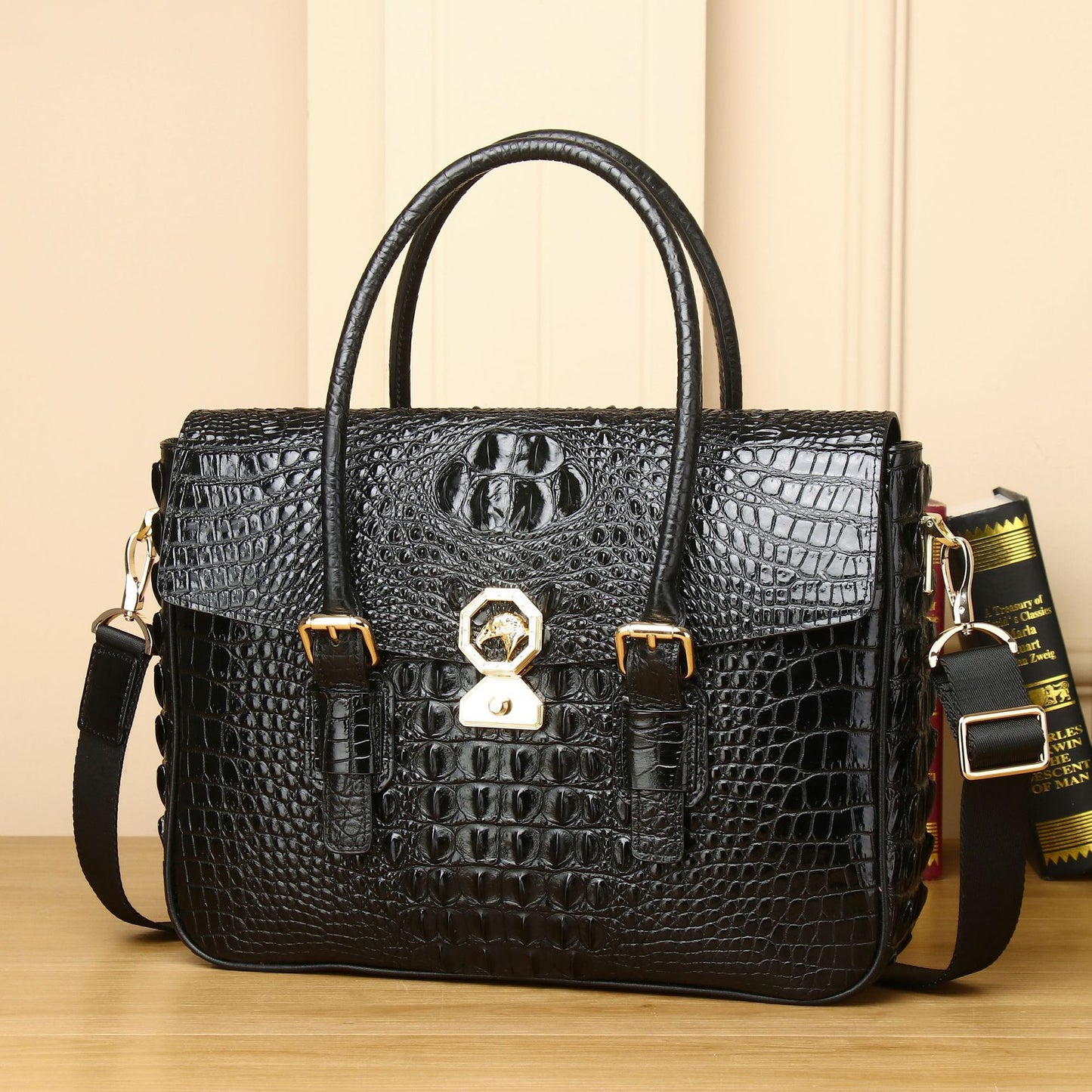 New Arrival Croc-Effect Minimalist Business Briefcase for Men, A Top-Handle Laptop Shoulder Crossbody Bag with High-End Design