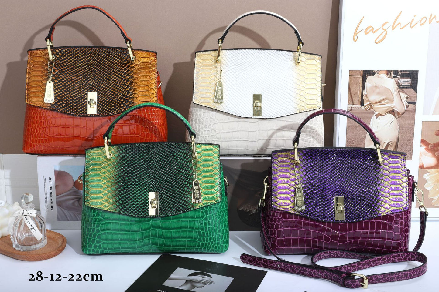 New Arrival Snake-Effect & Croc-Effect Color-Blocked Handbag for Women, A Multi-Color Top-Handle Crossbody Bag with Trendy Design, Versatile Everyday Purse