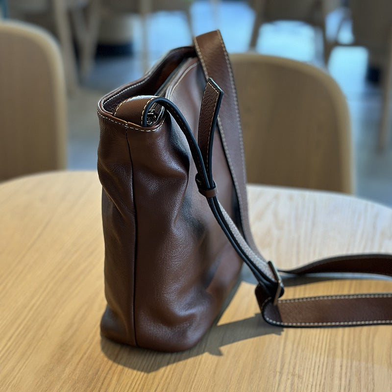 Genuine Soft Cowhide Bucket Bag for Women, New Japanese Casual Vintage Shoulder Crossbody Purse, Versatile Everyday Handbag for Ladies