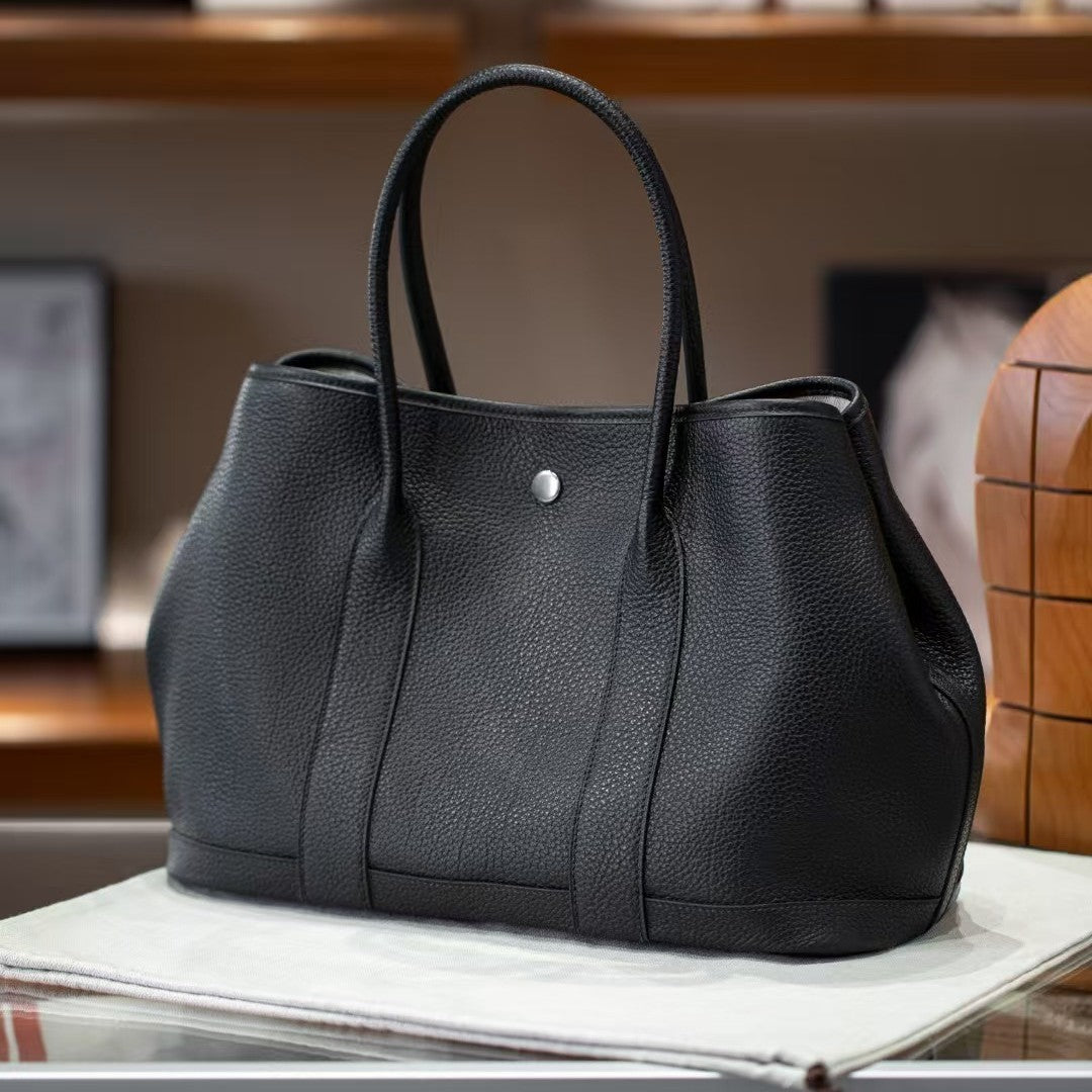 Genuine Togo Leather Garden Tote Bag for Women, New Spring Fashionable Small Top Handle Handbag, Hermès-Style Trendy Purse for Ladies