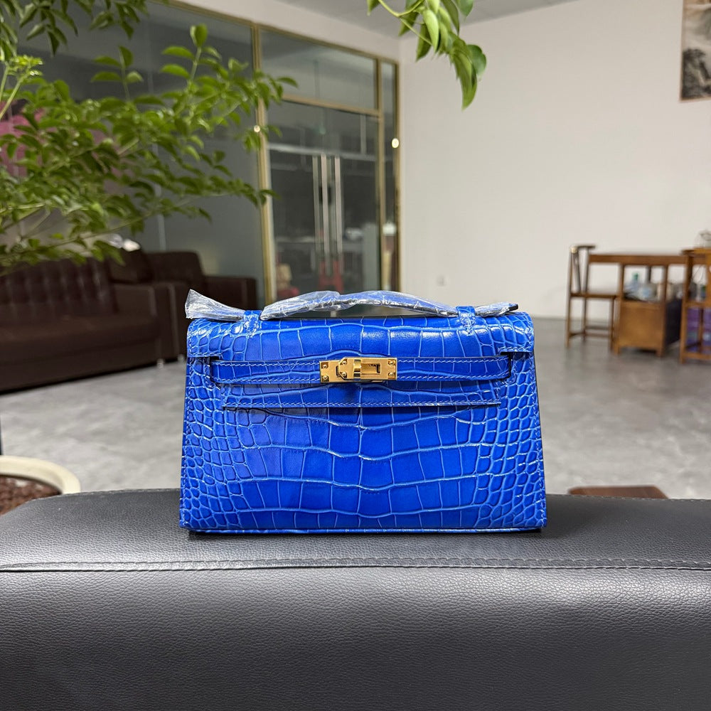 Genuine Top Layer Cowhide Crocodile-Embossed Kelly-Style 22cm Bag for Women, Hand-Stitched Waxed Thread with Full Steel Hardware, Light Luxury Small Square Top Handle Purse for Ladies