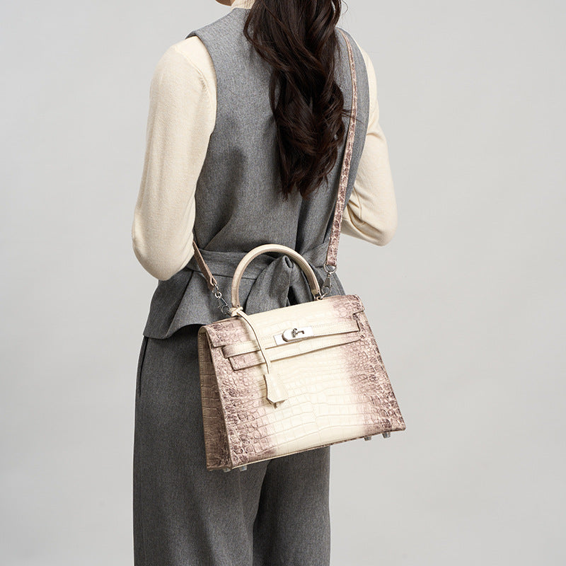 Genuine Top Layer Cowhide Crocodile-Embossed Kelly-Style Handbag for Women, Large Capacity Commute Shoulder Top Handle Purse, Premium Work Bag for Ladies
