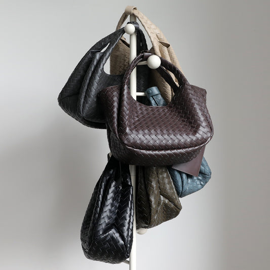 Handwoven Genuine Leather Underarm Tote Bag for Women Large Capacity Shoulder Handbag, Minimalist Commuter Purse with Artisan Texture