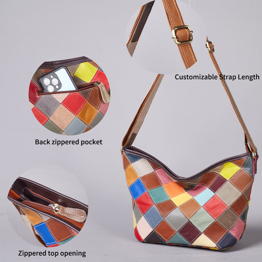 Premium Handcrafted Plaid Pattern Cowhide Leather Bag for Women | Large-Capacity Cross-Body Shoulder Handbag with Random Color-Block Artistic Design | Trendy Everyday Purse for Work, Errands & Travel | Unique Statement Accessory with Vibrant Plaid &