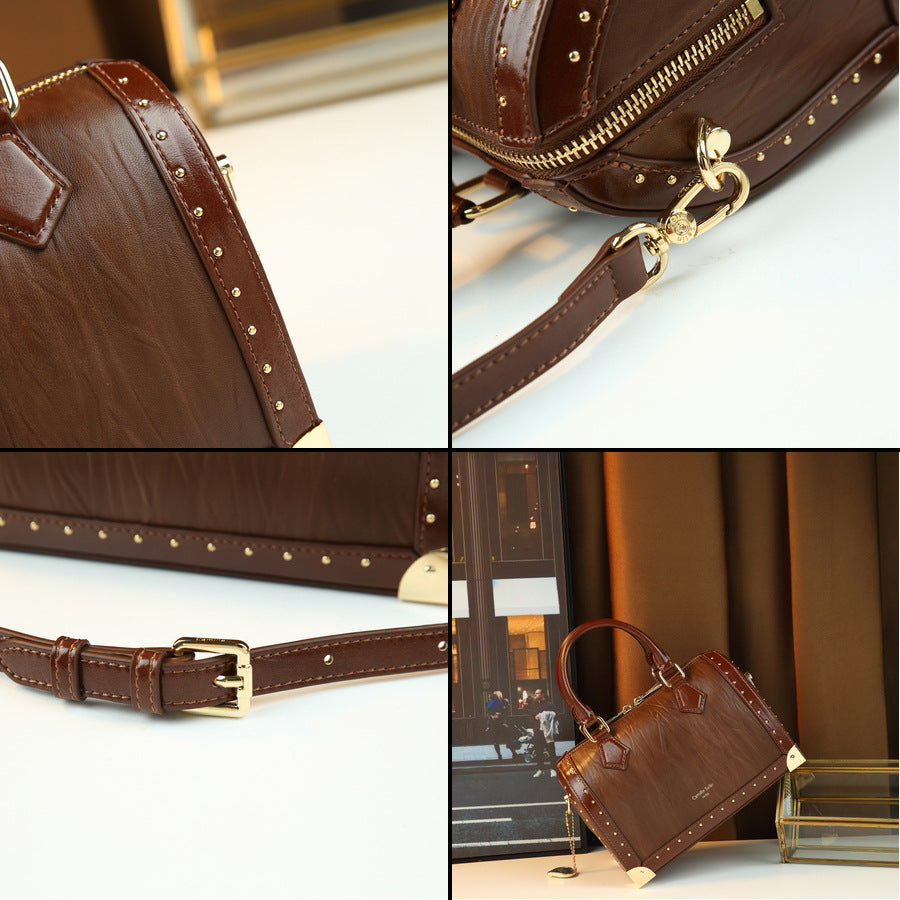 Stud Embellished Boston Bag for Women Vintage Modern Shoulder Crossbody Purse, Versatile Top Handle Handbag with Statement Hardware Accents
