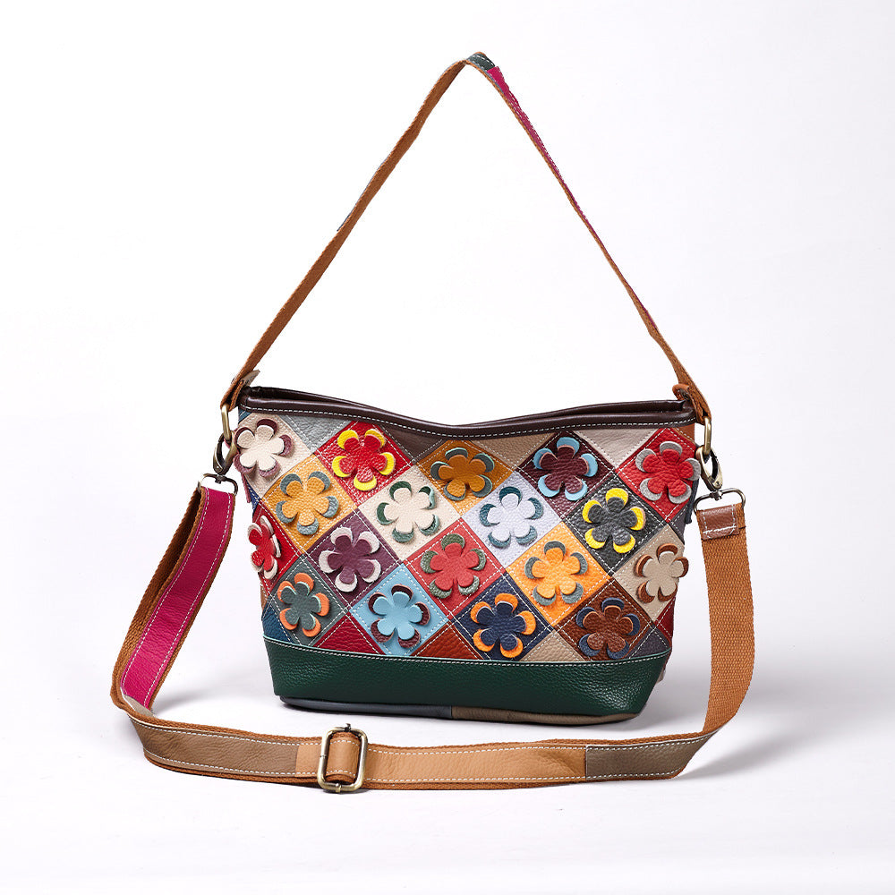 Genuine Cowhide Handmade Patchwork Diamond Quilted Floral Handbag for Women, New Arrival Top Handle Crossbody Purse, Trendy Casual Bag for Ladies