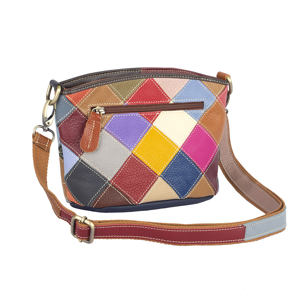 Premium Top-Layer Cowhide Leather Bag for Women | Handcrafted Ethnic Style Plaid Cross-Body Shoulder Handbag | Vibrant Color-Block Design with Bohemian Flair | Unique Artisan Purse with Timeless Craftsmanship & Trendy Appeal