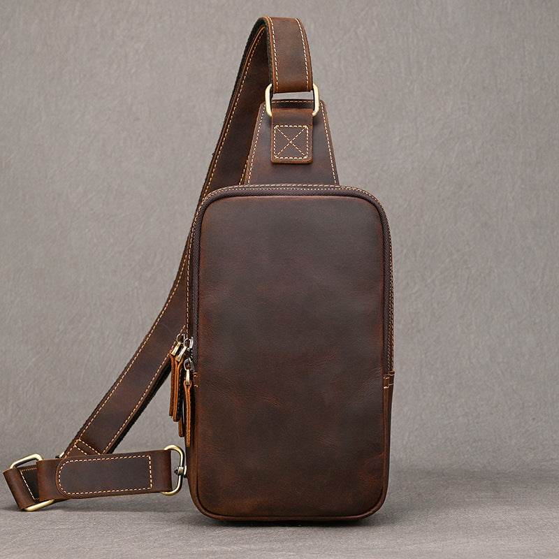 Lightweight Crazy Horse Leather Chest Bag, Casual Crossbody Shoulder Pouch, Cowhide Bag Fits iPad for Men