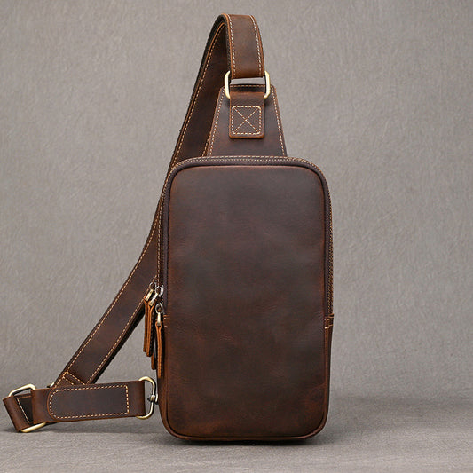 Lightweight Crazy Horse Leather Chest Bag, Casual Crossbody Shoulder Pouch, Cowhide Bag Fits iPad for Men