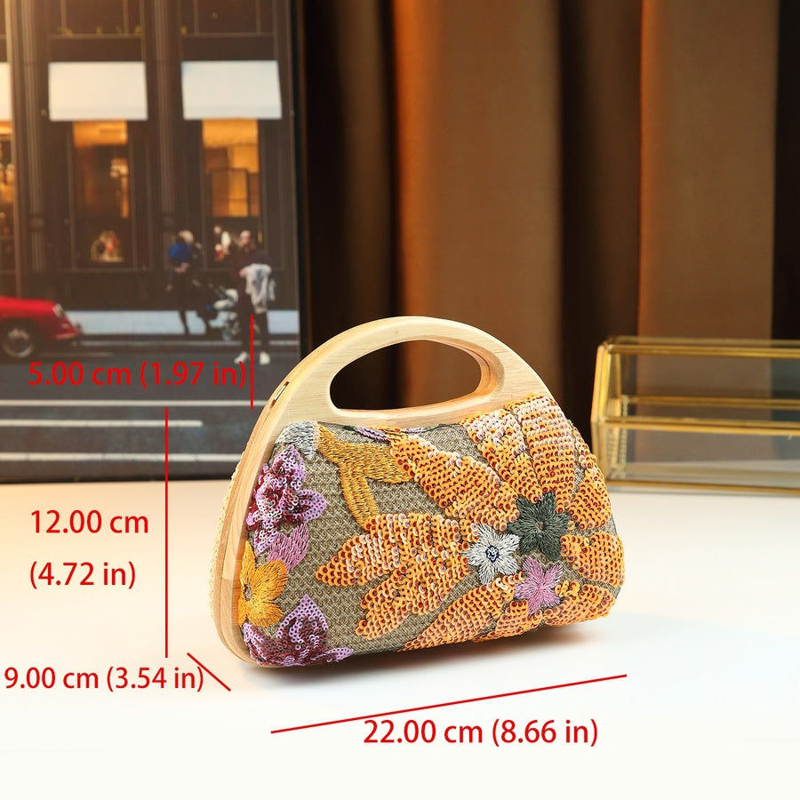 New Arrival Linen Sequin Mesh Embroidery Bag for Women, An Elegant Evening Clutch with Clasp Closure & Trendy Top-Handle Design