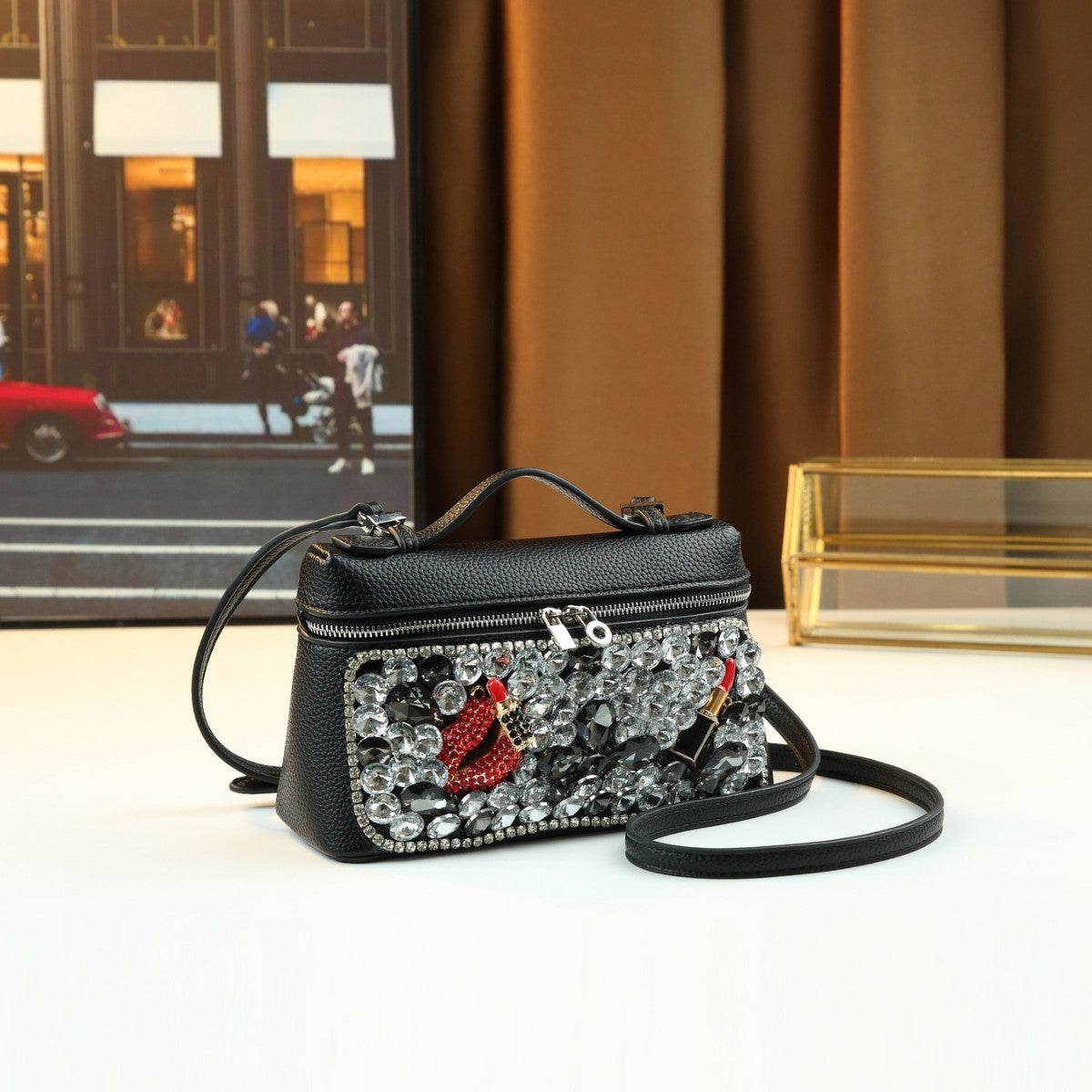 Lipstick Rhinestone Embellished Mini Box Bag for Women Party Shoulder Crossbody Handbag, Sparkly Flap Purse with Premium Glamorous Design