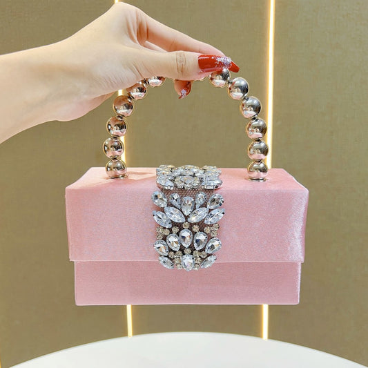Chic French-Style Sparkly Rhinestone Box Clutch for Women, A Luxurious Silk Satin Small Square Bag with Elegant Pearl Accents & Removable Crossbody Strap, Perfect for Banquets Weddings & Formal Evening Events