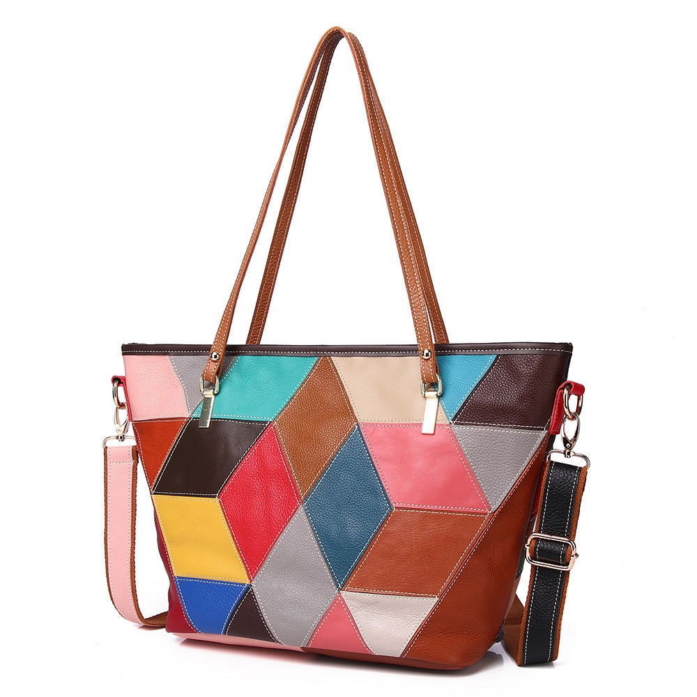 Genuine Top Layer Cowhide Colorful Plaid Color Block Handbag for Women, New Shoulder Crossbody Purse, Trendy Everyday Bag for Ladies