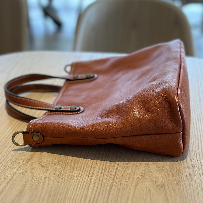 Genuine Top Layer Vegetable-Tanned Cowhide Handbag for Women, Vintage Minimalist Shoulder Crossbody Purse, Casual Work Commute Bag for Ladies