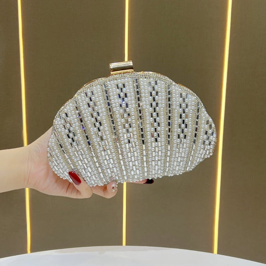 Women's Pearl Rhinestone-Embellished Shell Evening Clutch, New Glamorous Chain Crossbody Bag with Versatile Elegant Design, Premium Fashion Purse