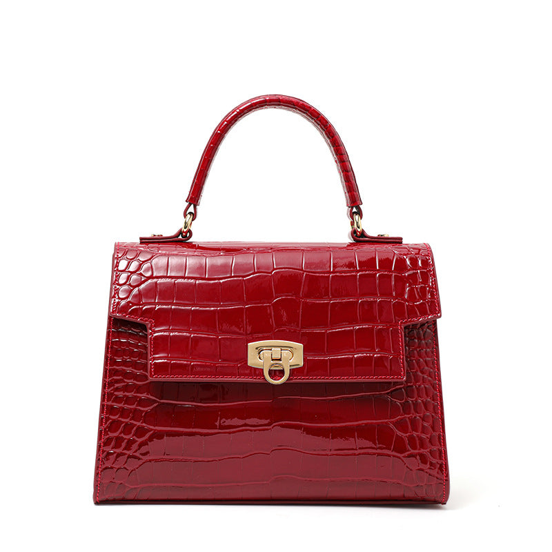 Genuine Leather Glossy Crocodile-Embossed Handbag for Women, 2026 New Lock Buckle Large Capacity Shoulder Crossbody Purse, Trendy Bag for Ladies