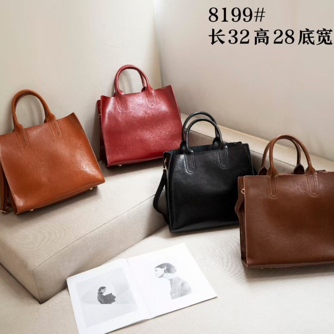 跨境通勤油蜡牛皮女包手提包大容量托特包单肩斜挎包高端复古高级