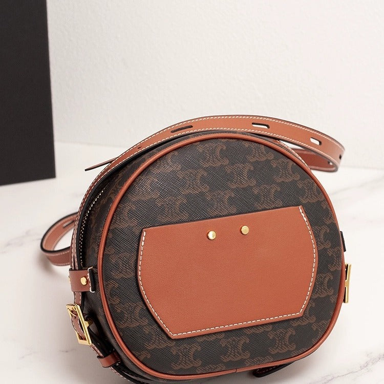 Genuine Leather Round Crossbody Bag for Women, New Fall Winter Casual Shoulder Purse, Small Circle Handbag for Ladies