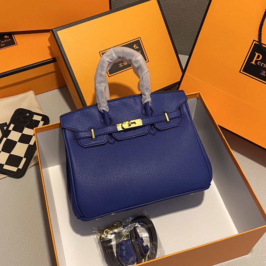 Genuine Pebbled Leather Birkin-Style Gold Hardware Large Capacity Handbag for Women, European Fashion Top Handle Purse, Trendy Casual Tote Bag for Ladies