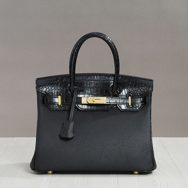 Genuine Top Layer Cowhide Patchwork Birkin-Style Bag for Women, New Casual Fashion Pebbled & Crocodile-Embossed Large Capacity Top Handle Handbag, Trendy Purse for Ladies